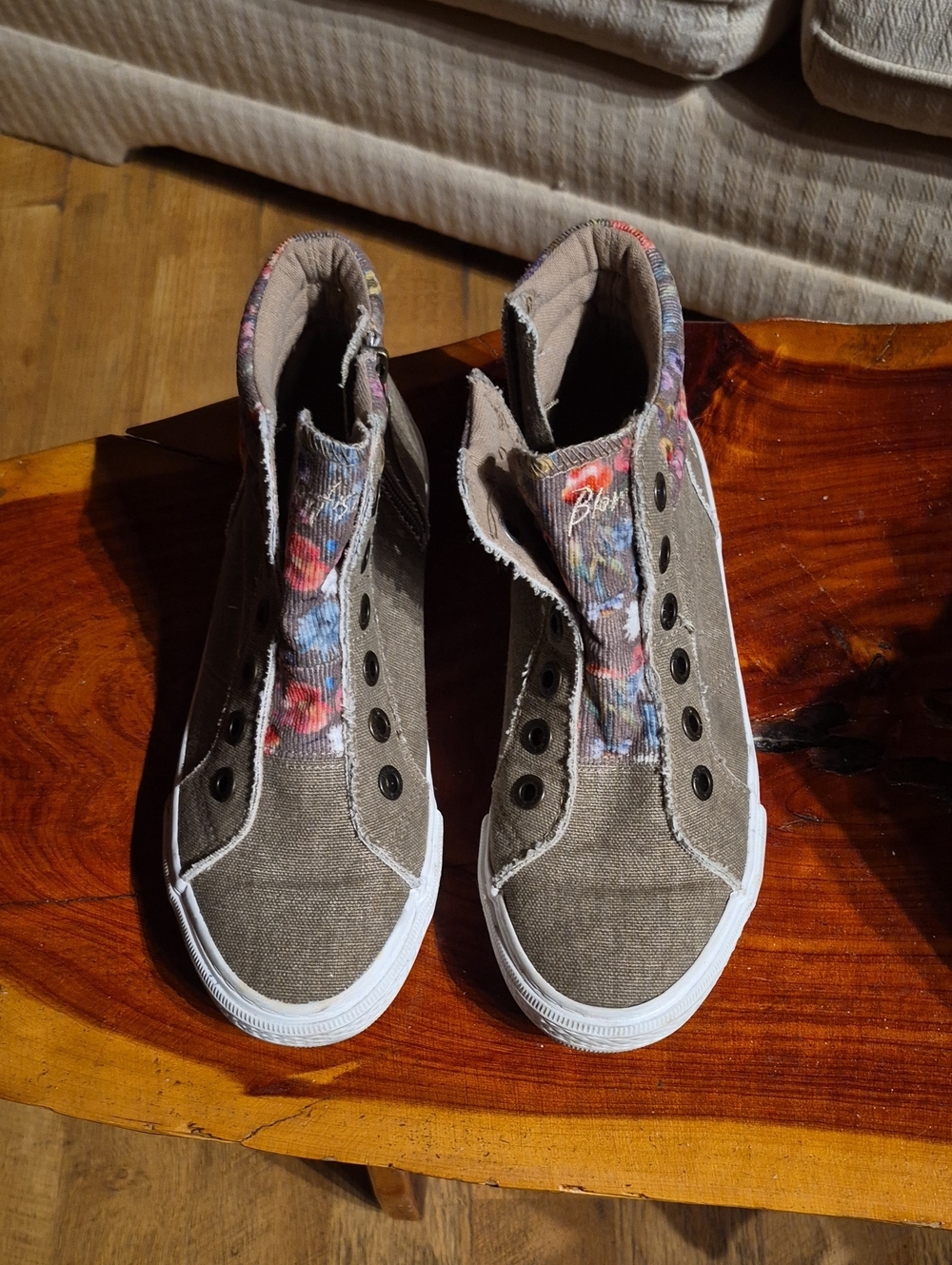 Womens high top  Canvas Sneakers in Taupe with Floral Trim BONEFISH